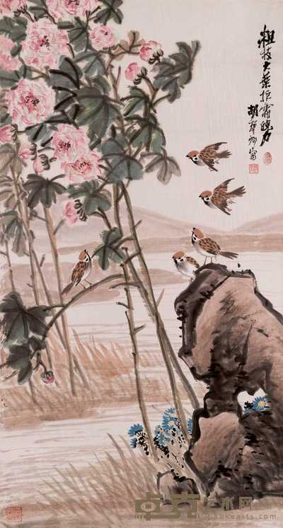 胡郯卿 五雀图 立轴 105×56cm